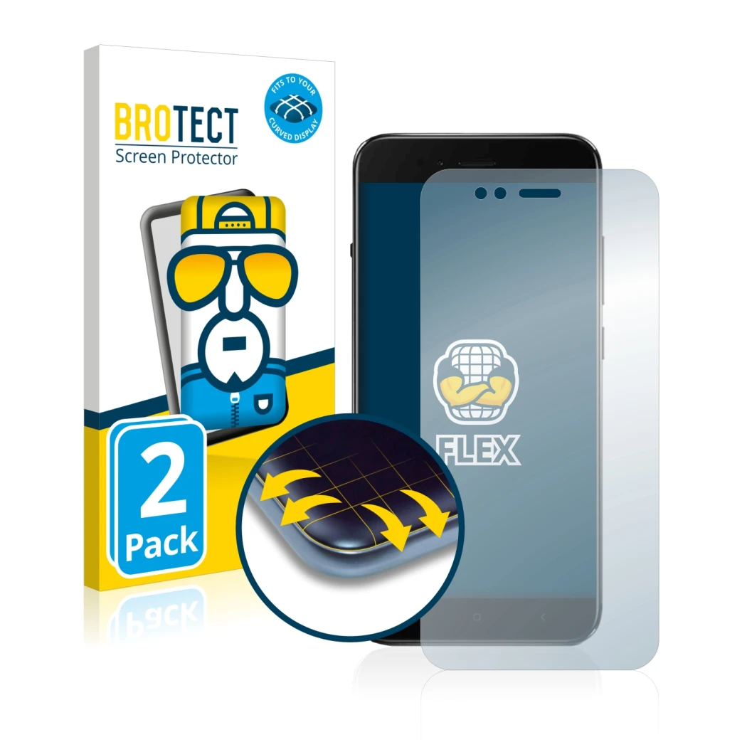 Front side of a product packaging with the brand logo BROTECT. Next to it is the device Xiaomi Mi A1 shown with the correspond