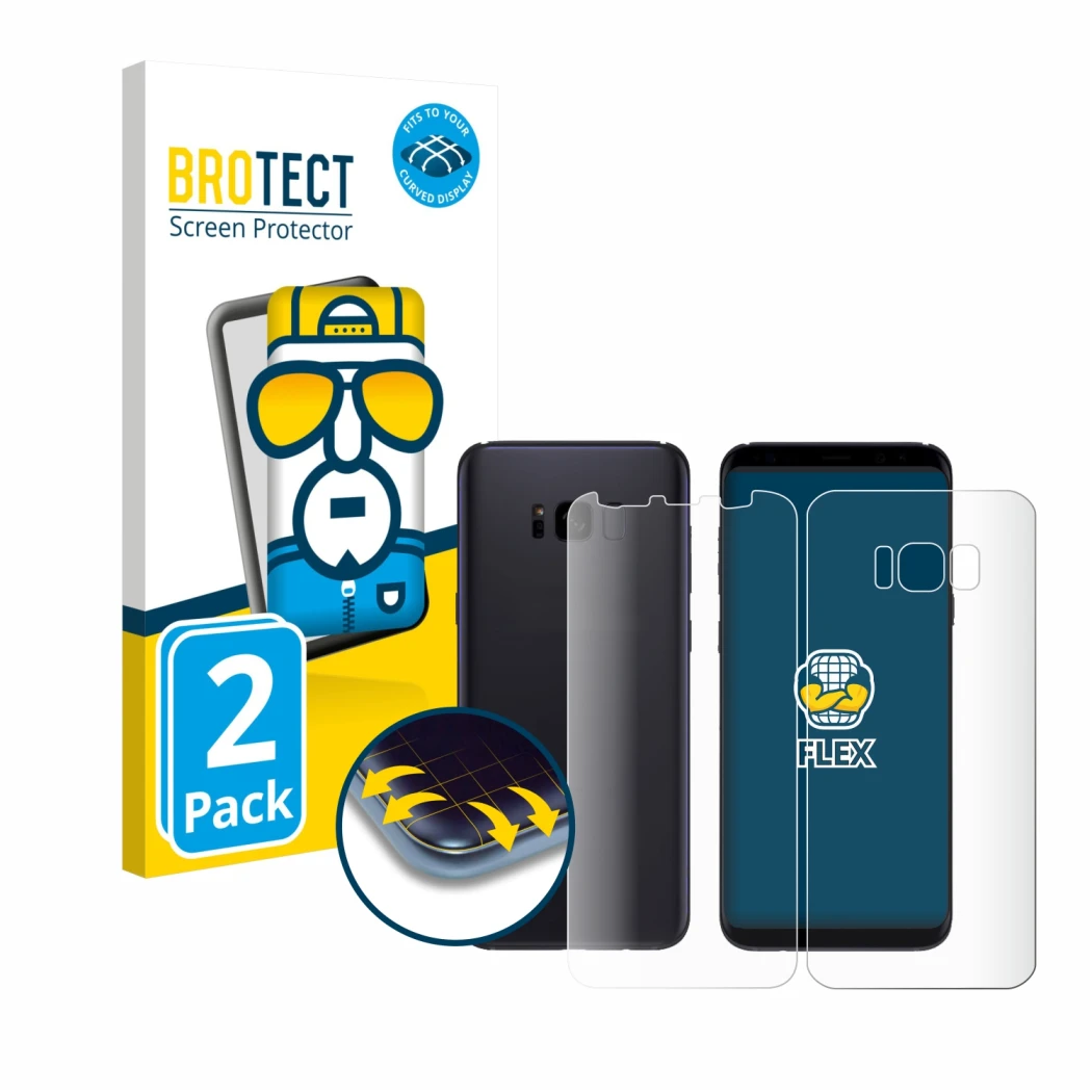 Front side of a product packaging with the brand logo BROTECT. Next to it is the device Samsung Galaxy S8 (Front+Back) shown w