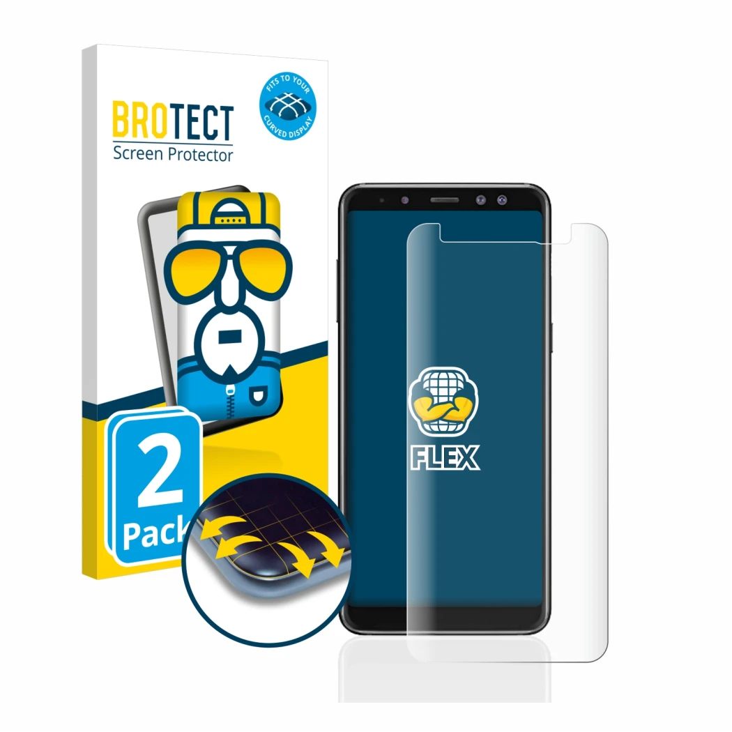 Front side of a product packaging with the brand logo BROTECT. Next to it is the device Samsung Galaxy A8 2018 shown with the 