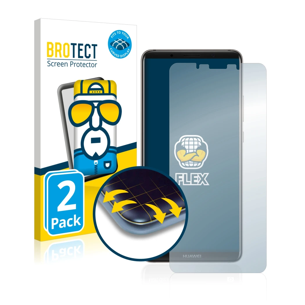 Front side of a product packaging with the brand logo BROTECT. Next to it is the device Huawei Mate 10 Pro shown with the corr