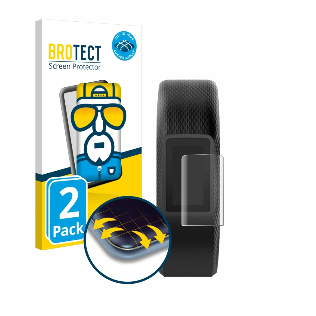 Front side of a product packaging with the brand logo BROTECT. Next to it is the device Garmin Vivosport shown with the corres