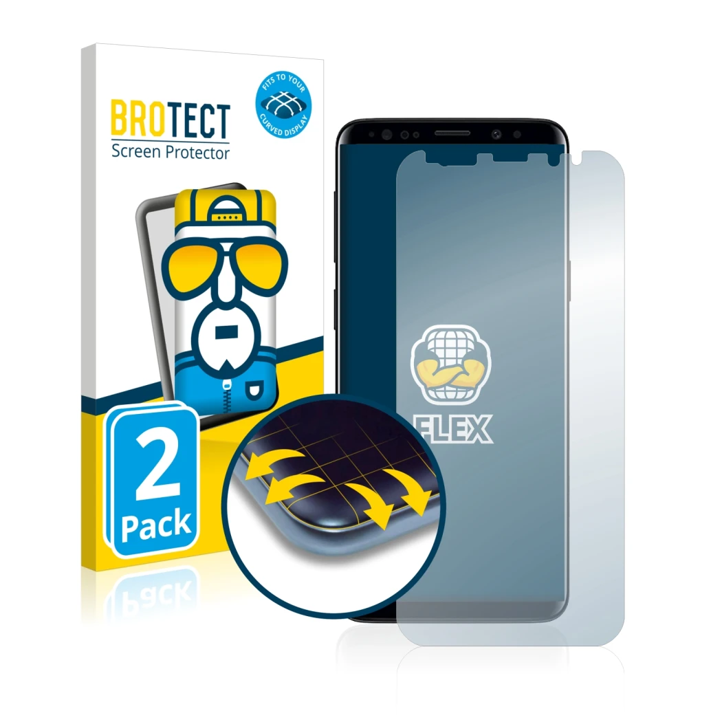 Front side of a product packaging with the brand logo BROTECT. Next to it is the device Samsung Galaxy S9 Plus shown with the