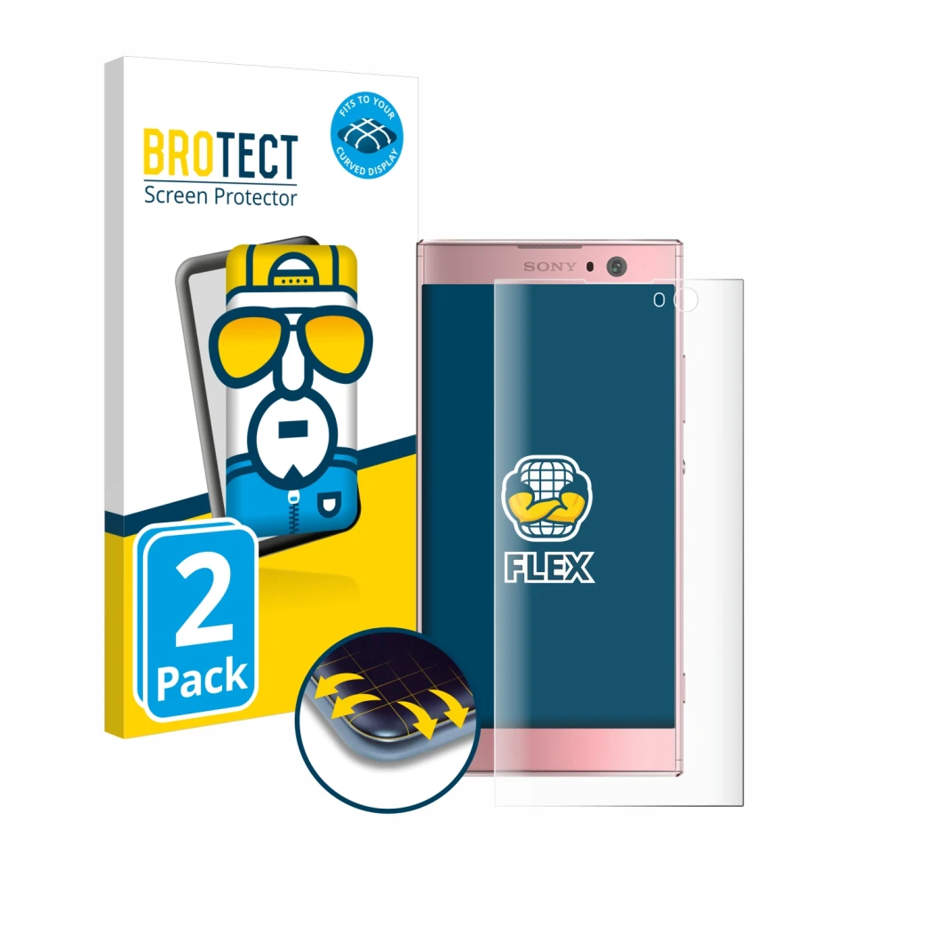 Front side of a product packaging with the brand logo BROTECT. Next to it is the device Sony Xperia XA2 shown with the corresp