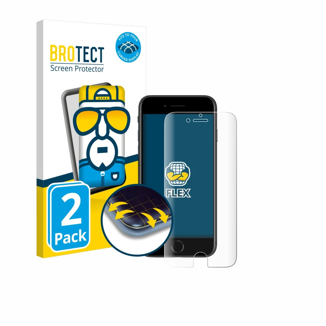 Front side of a product packaging with the brand logo BROTECT. Next to it is the device Apple iPhone SE 2 2020 shown with the 