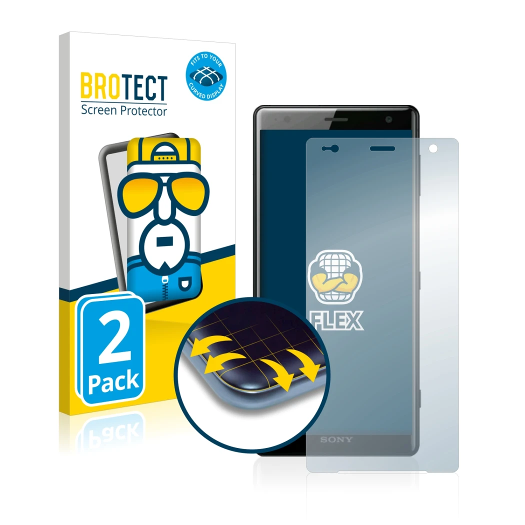 Front side of a product packaging with the brand logo BROTECT. Next to it is the device Sony Xperia XZ2 shown with the corresp