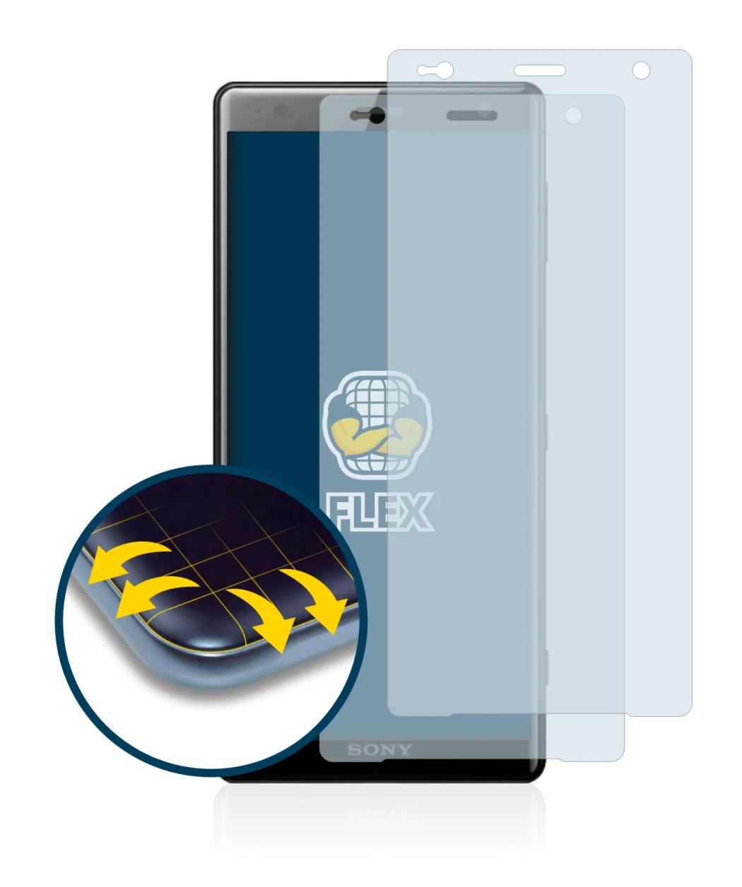 Image of the device Sony Xperia XZ2 with a wide variety of screen protectors.