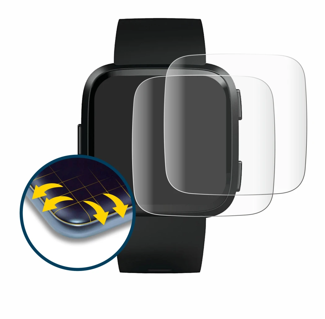 Image of the device Fitbit Versa with a wide variety of screen protectors.