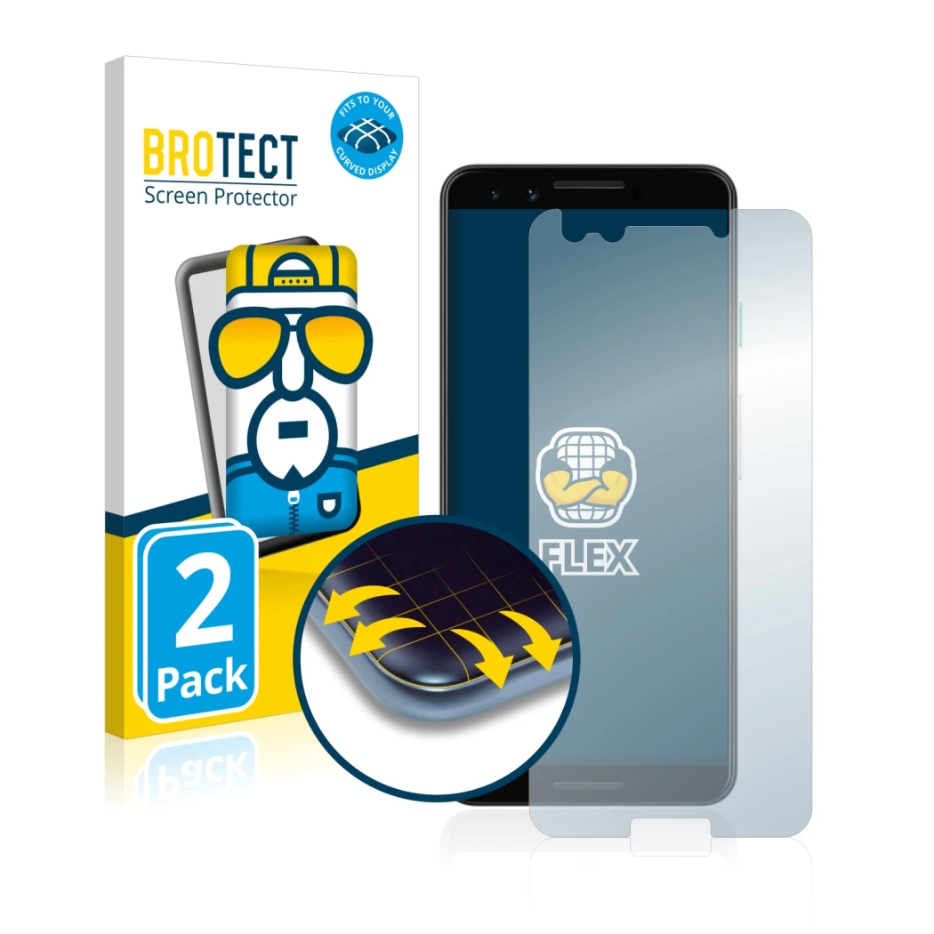 Front side of a product packaging with the brand logo BROTECT. Next to it is the device Google Pixel 3 shown with the correspo