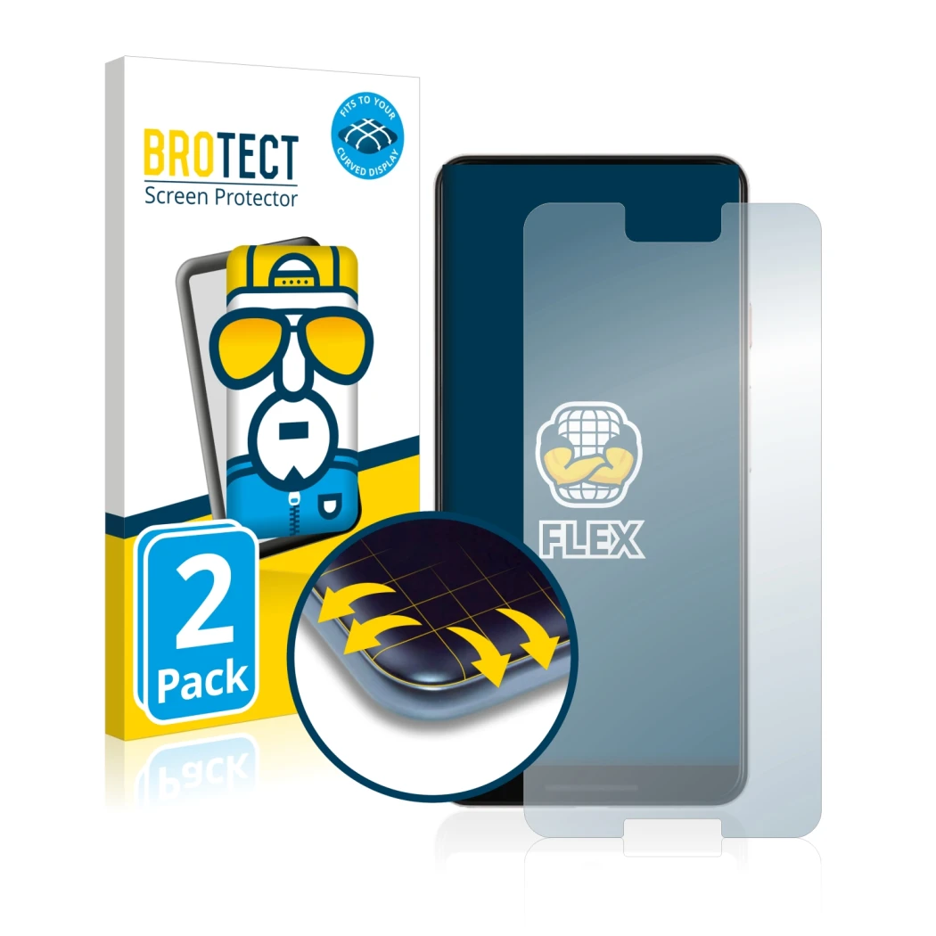 Front side of a product packaging with the brand logo BROTECT. Next to it is the device Google Pixel 3 XL shown with the corre