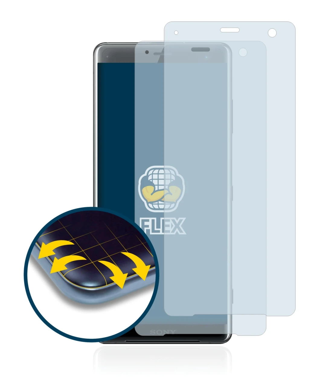 Image of the device Sony Xperia XZ3 with a wide variety of screen protectors.