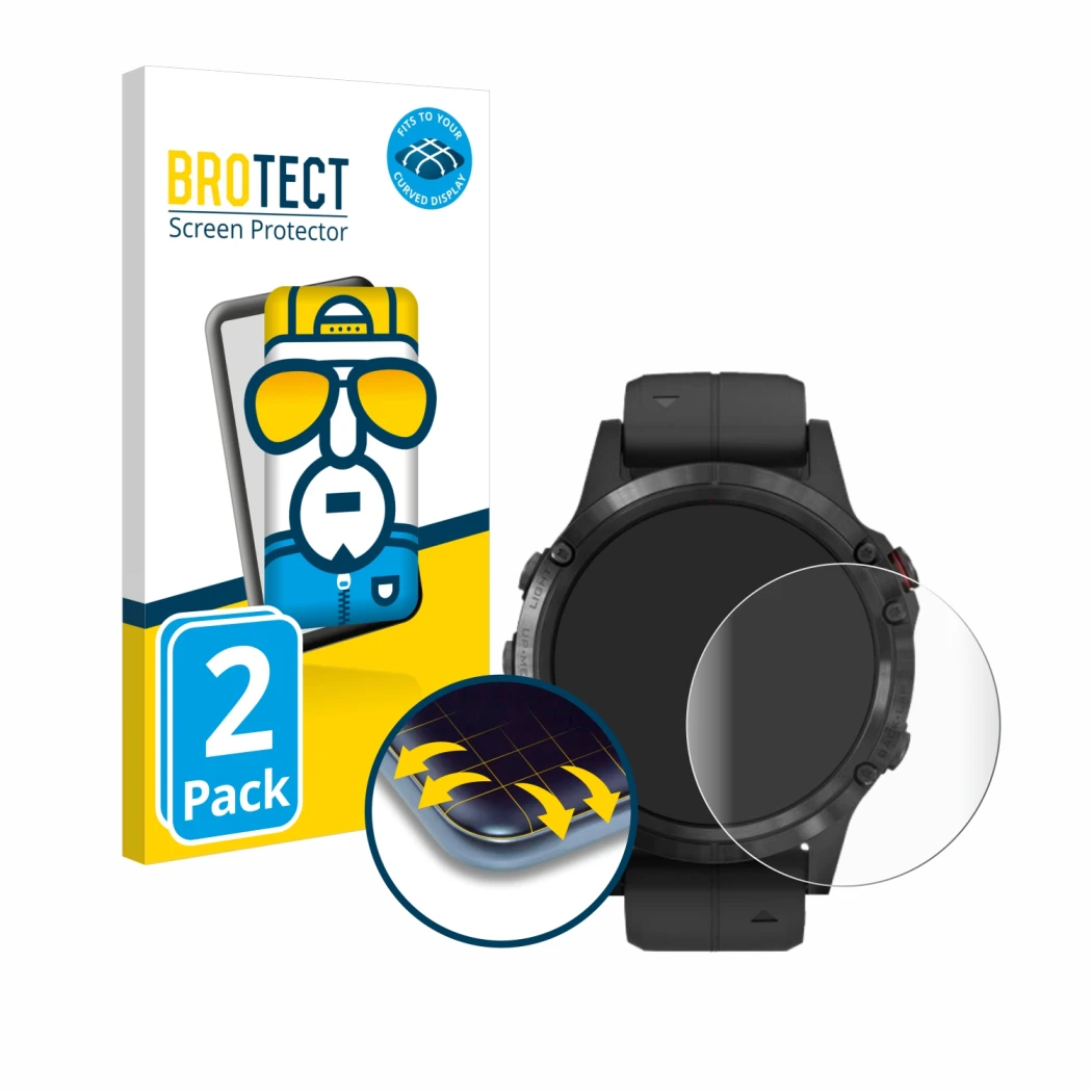 Front side of a product packaging with the brand logo BROTECT. Next to it is the device Garmin Fenix 5 Plus (47 mm) shown with