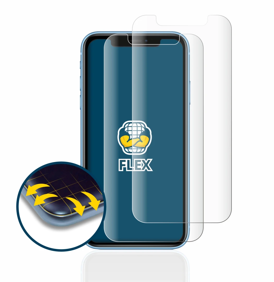 Image of the device Apple iPhone XR with a wide variety of screen protectors.