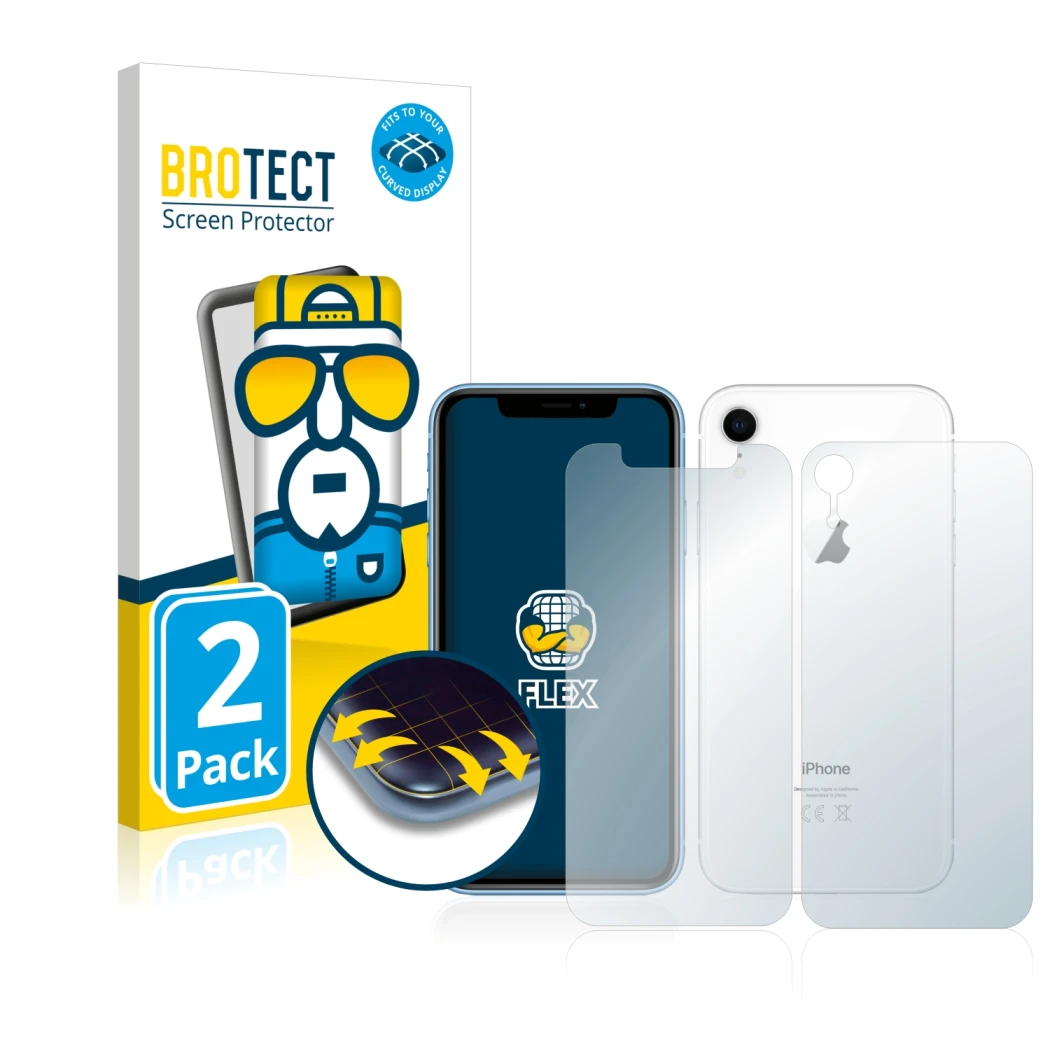 Front side of a product packaging with the brand logo BROTECT. Next to it is the device Apple iPhone XR (Front+Back) shown wit