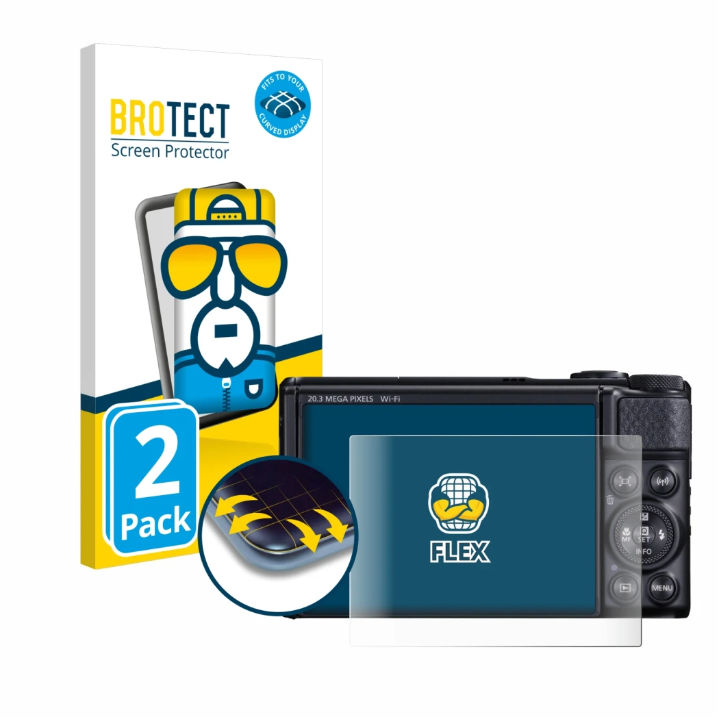 Front side of a product packaging with the brand logo BROTECT. Next to it is the device Canon PowerShot SX740 HS shown with th