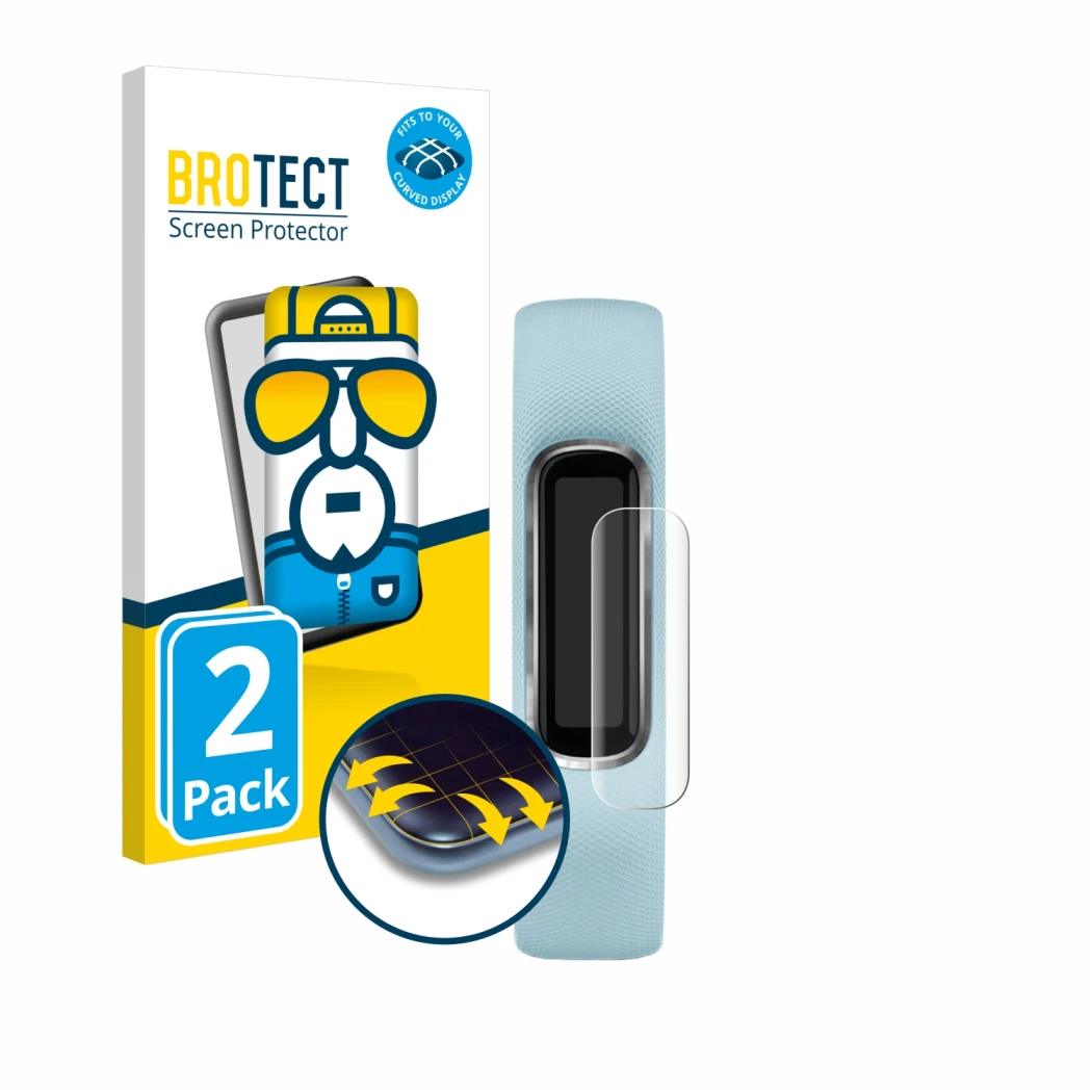 Front side of a product packaging with the brand logo BROTECT. Next to it is the device Garmin Vivosmart 4 shown with the corr