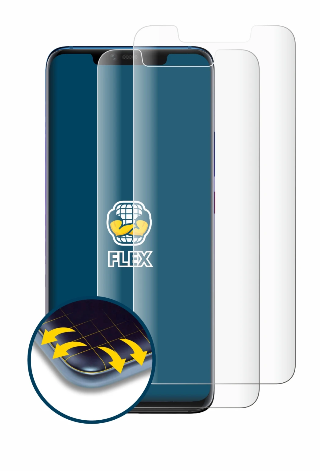 Image of the device Huawei Mate 20 Pro with a wide variety of screen protectors.