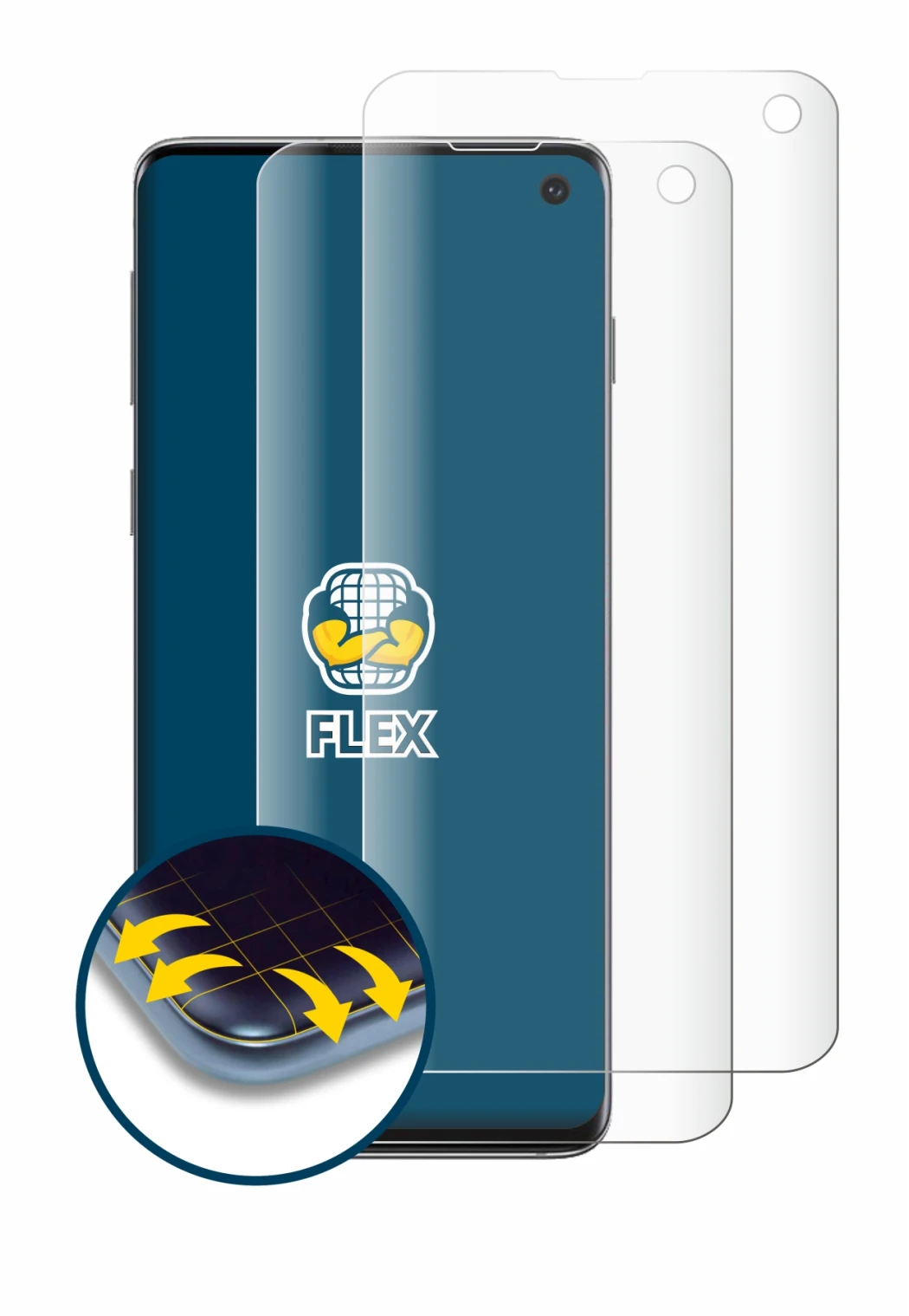 Image of the device Samsung Galaxy S10 with a wide variety of screen protectors.