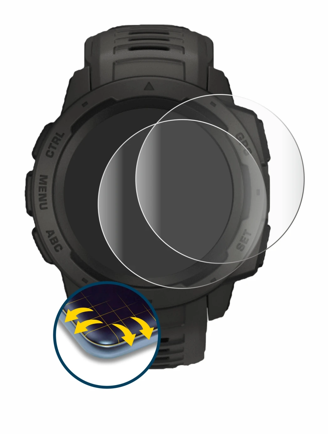 Image of the device Garmin Instinct with a wide variety of screen protectors.