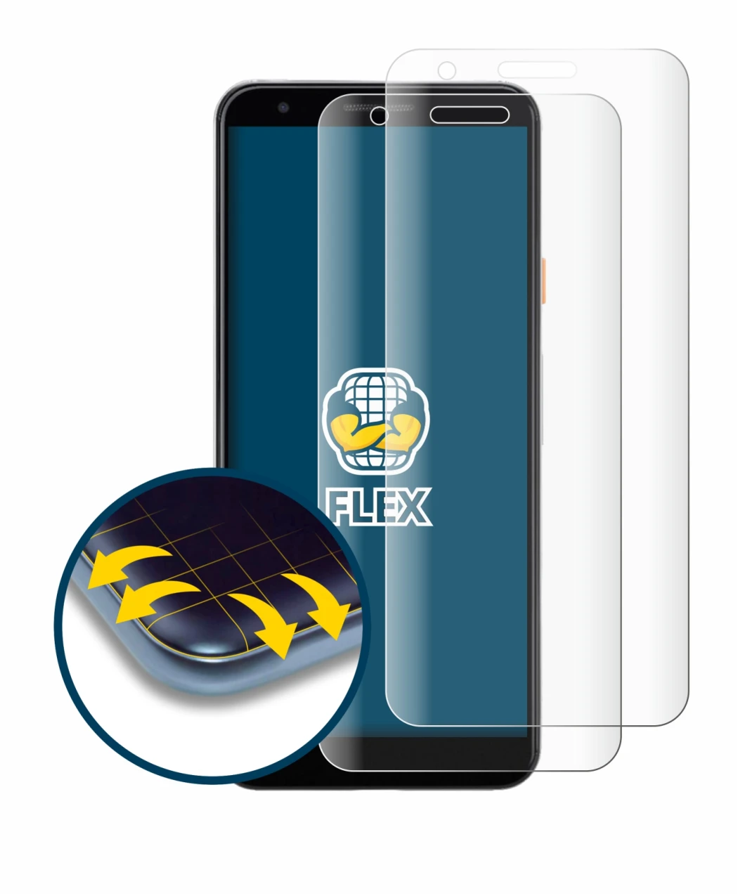 Image of the device Google Pixel 3a with a wide variety of screen protectors.
