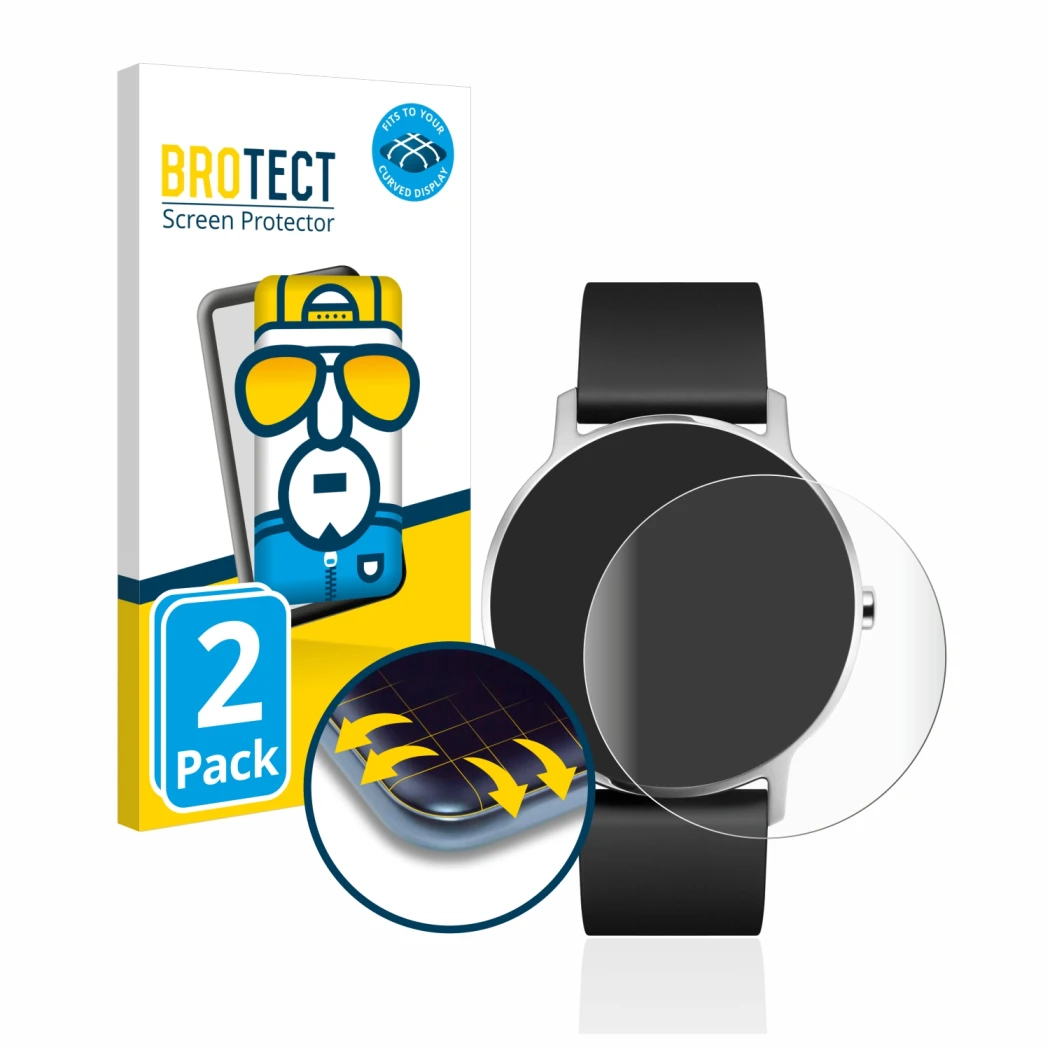 Front side of a product packaging with the brand logo BROTECT. Next to it is the device Withings Steel HR (36 mm) shown with t