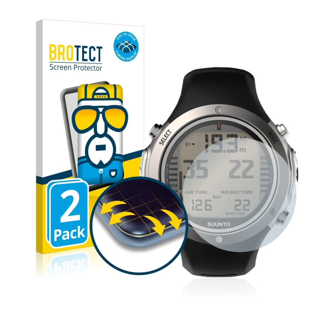 Front side of a product packaging with the brand logo BROTECT. Next to it is the device Suunto D6I Novo shown with the corresp