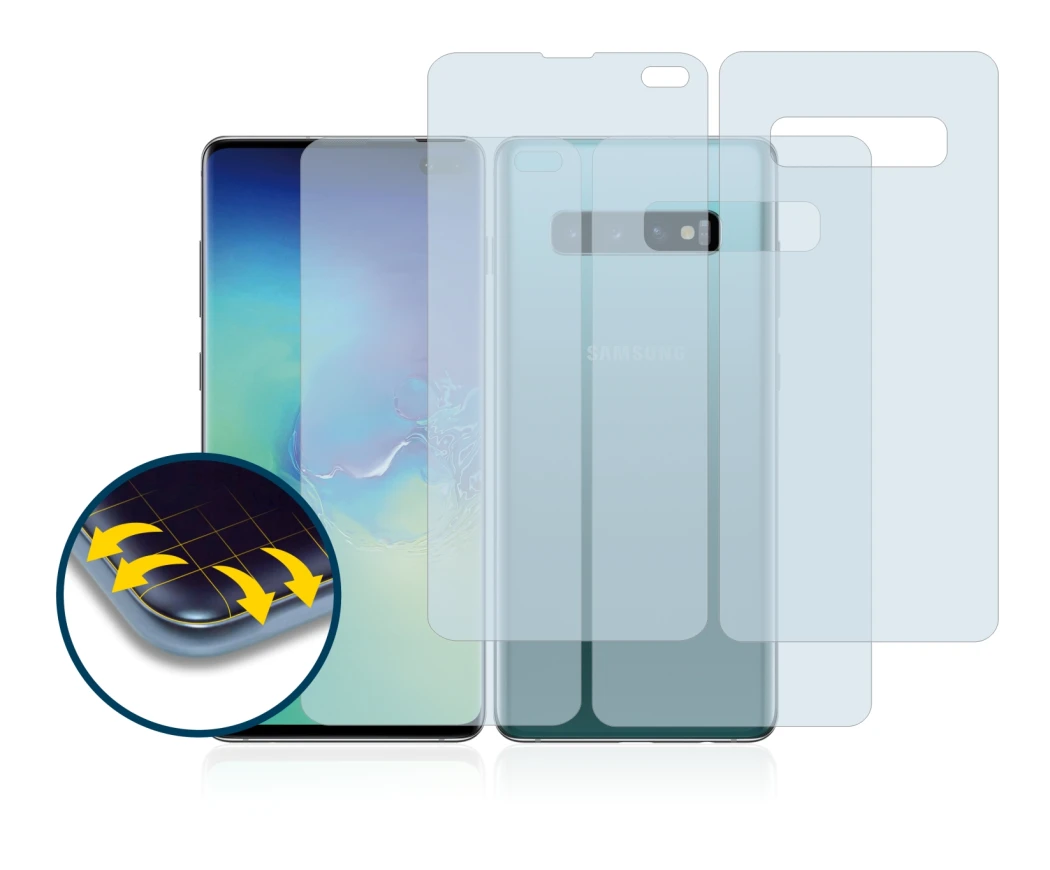 Image of the device Samsung Galaxy S10 Plus (Front+Back) with a wide variety of screen protectors.