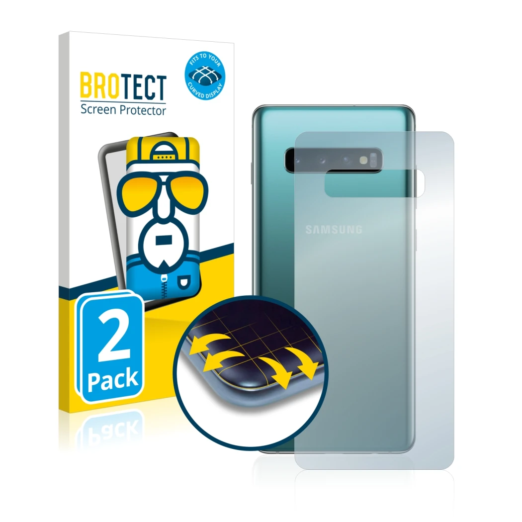 Front side of a product packaging with the brand logo BROTECT. Next to it is the device Samsung Galaxy S10 Plus (Back) shown w