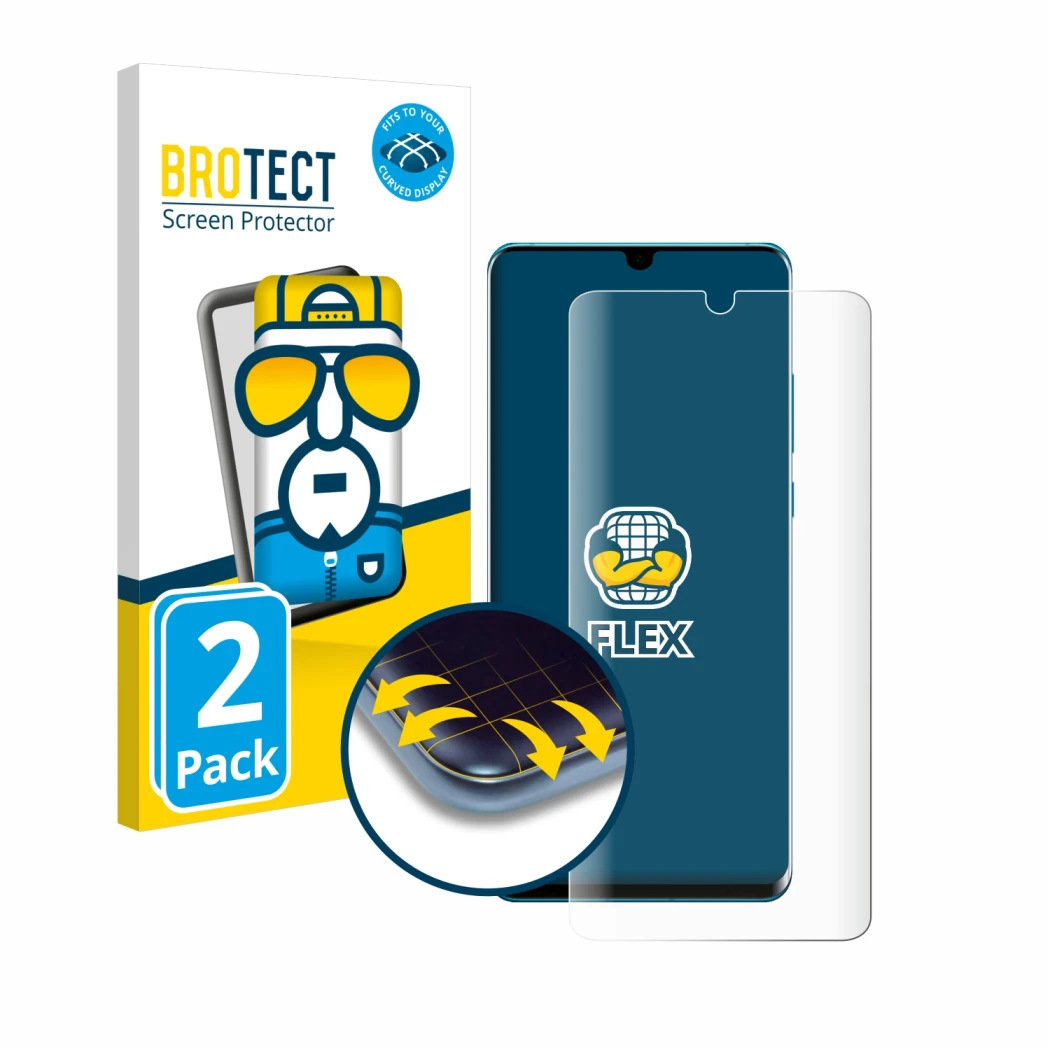 Front side of a product packaging with the brand logo BROTECT. Next to it is the device Huawei P30 Pro shown with the correspo