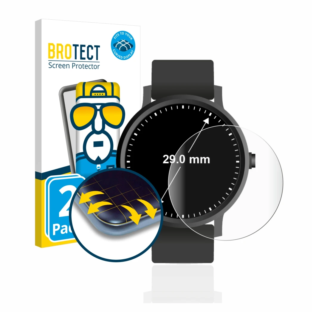 Front side of a product packaging with the brand logo BROTECT. Next to it is the device Circular Displays (ø: 29 mm) shown wit