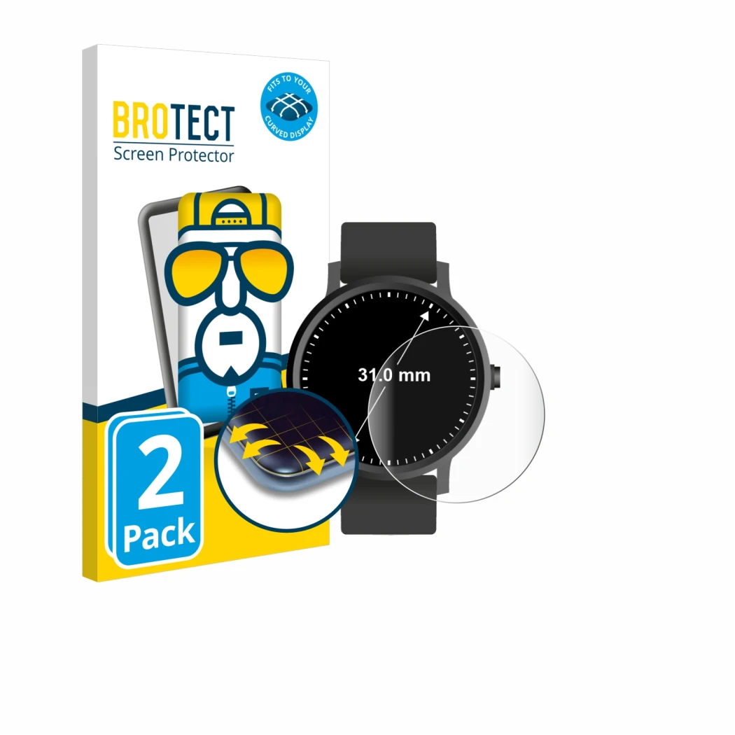 Front side of a product packaging with the brand logo BROTECT. Next to it is the device Circular Displays (ø: 31 mm) shown wit