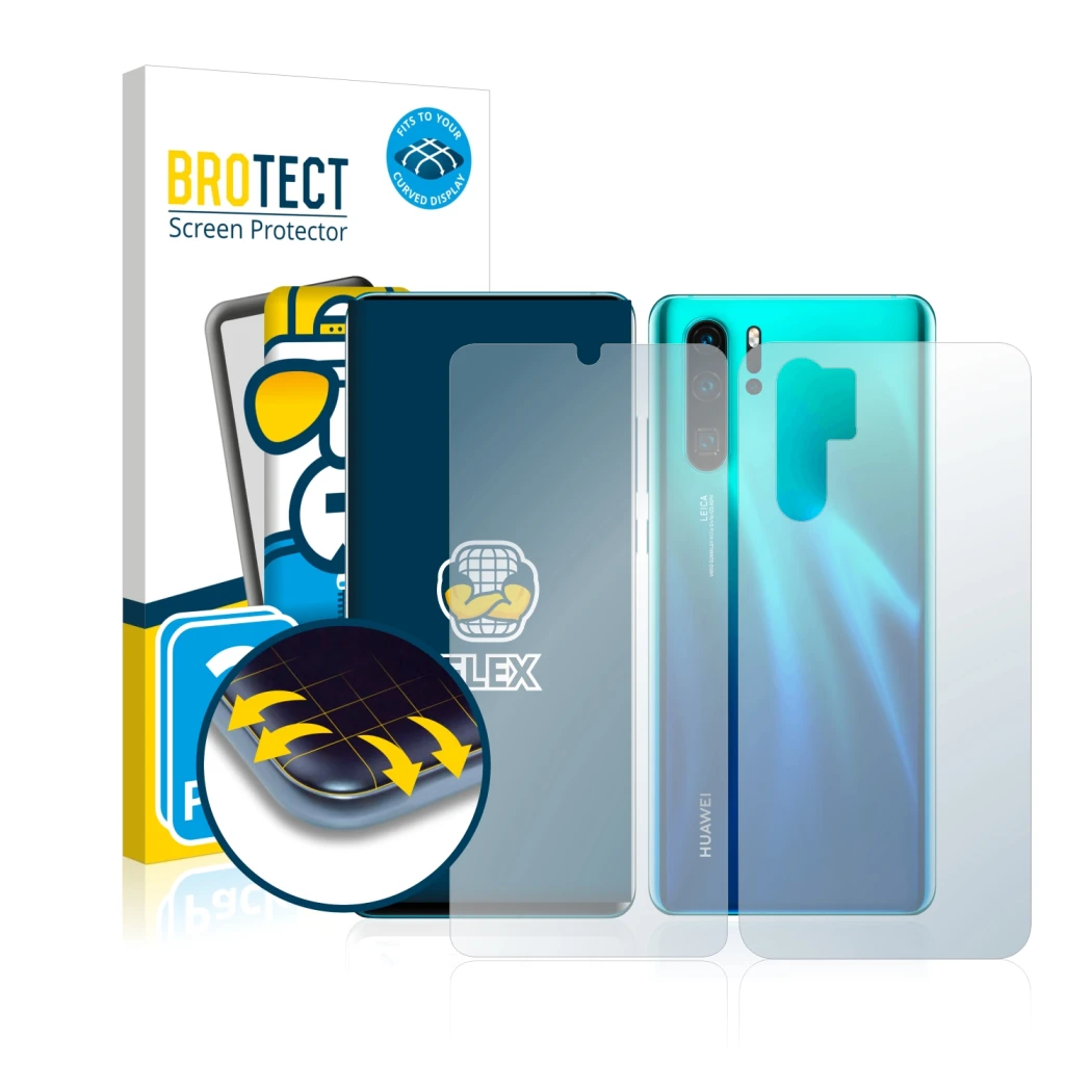 Front side of a product packaging with the brand logo BROTECT. Next to it is the device Huawei P30 Pro (Front+Back) shown with