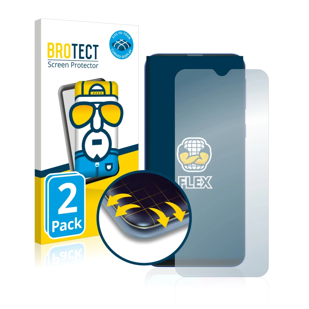 Front side of a product packaging with the brand logo BROTECT. Next to it is the device Samsung Galaxy M20 shown with the corr