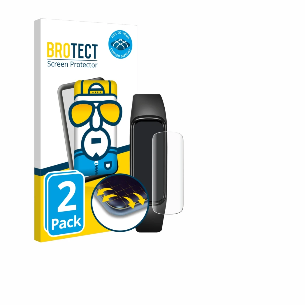 Front side of a product packaging with the brand logo BROTECT. Next to it is the device Samsung Galaxy Fit e shown with the co