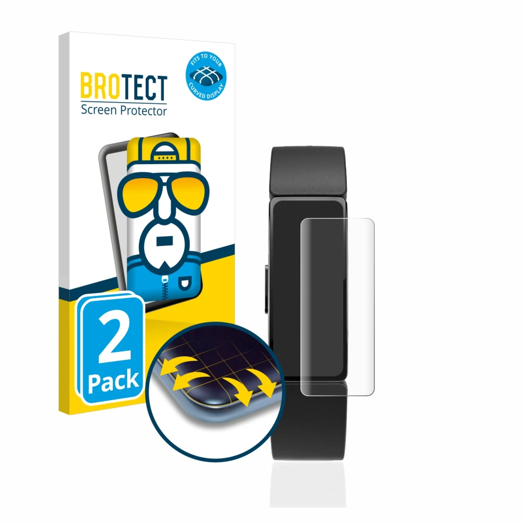 Front side of a product packaging with the brand logo BROTECT. Next to it is the device Fitbit Inspire shown with the correspo