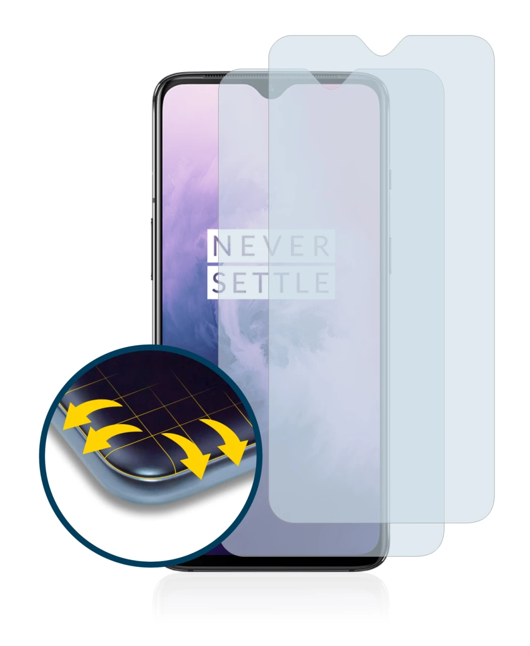 Image of the device OnePlus 7 with a wide variety of screen protectors.