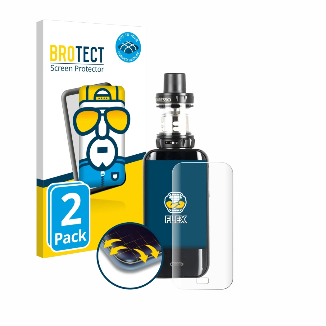 Front side of a product packaging with the brand logo BROTECT. Next to it is the device Vaporesso Luxe shown with the correspo