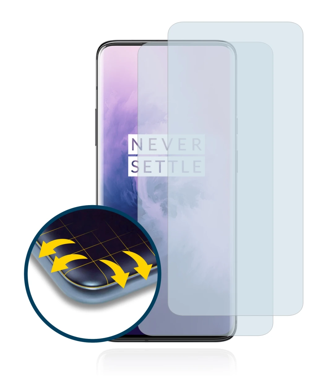 Image of the device OnePlus 7 Pro with a wide variety of screen protectors.