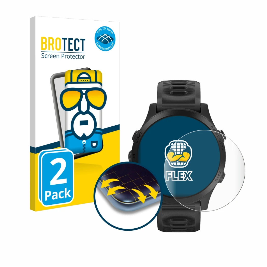 Front side of a product packaging with the brand logo BROTECT. Next to it is the device Garmin Forerunner 945 shown with the c
