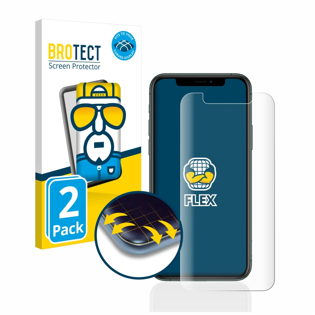 Front side of a product packaging with the brand logo BROTECT. Next to it is the device Apple iPhone 11 Pro shown with the cor