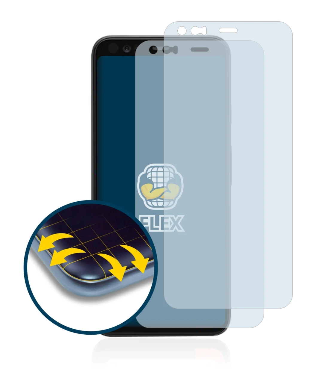 Image of the device Google Pixel 4 with a wide variety of screen protectors.