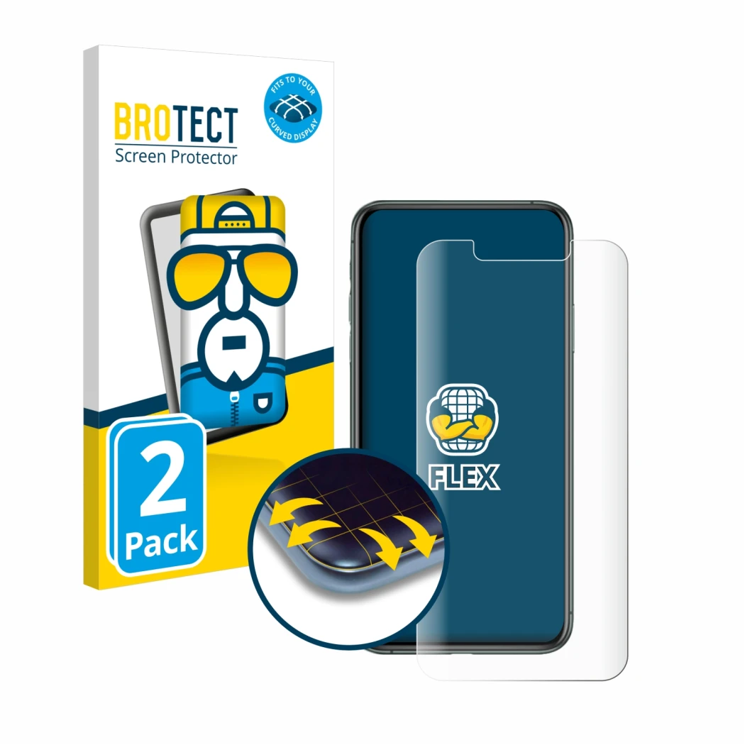 Front side of a product packaging with the brand logo BROTECT. Next to it is the device Apple iPhone 11 Pro Max shown with the