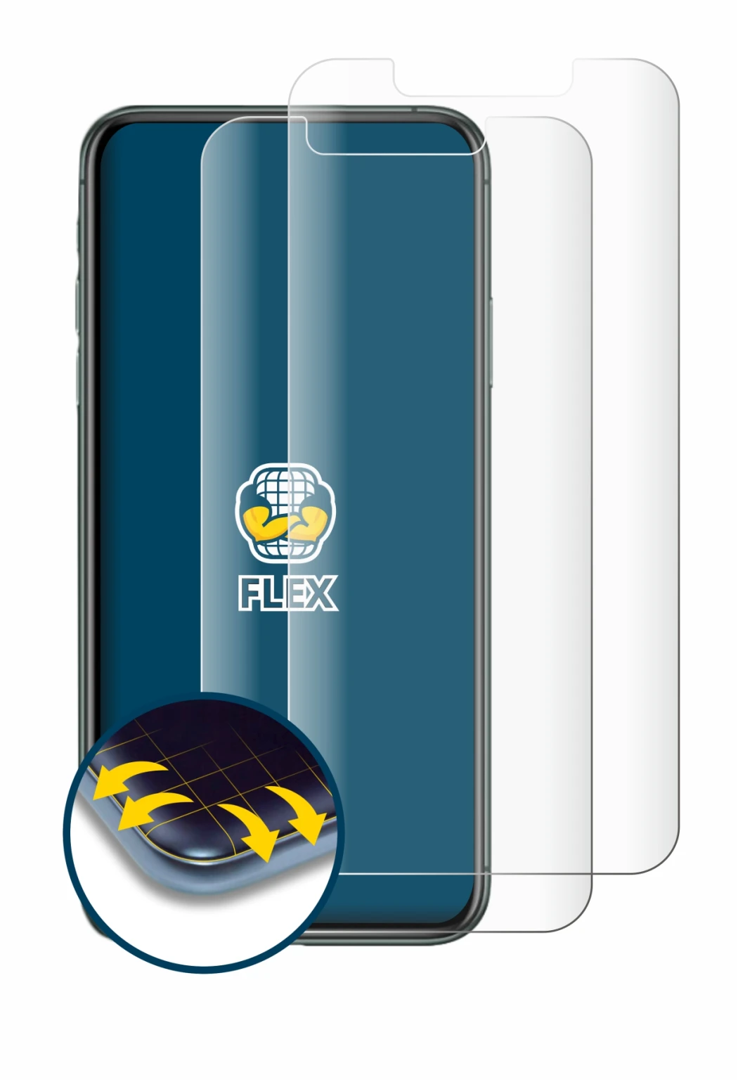 Image of the device Apple iPhone 11 Pro Max with a wide variety of screen protectors.