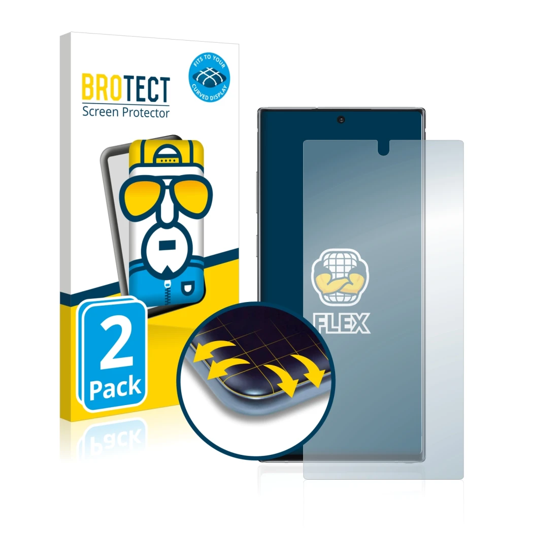 Front side of a product packaging with the brand logo BROTECT. Next to it is the device Samsung Galaxy Note 10 Plus 5G shown w