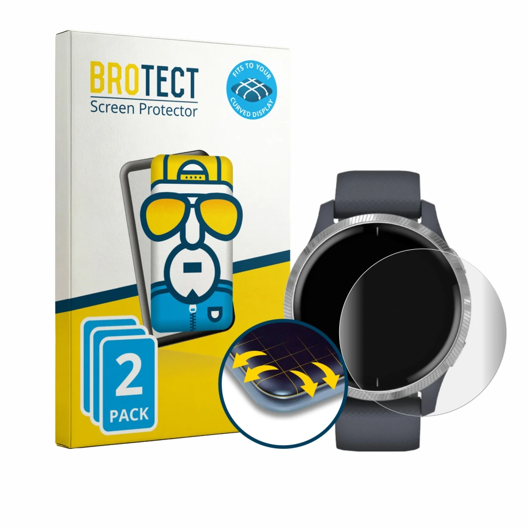 Front side of a product packaging with the brand logo BROTECT. Next to it is the device Garmin Venu (43 mm) shown with the cor