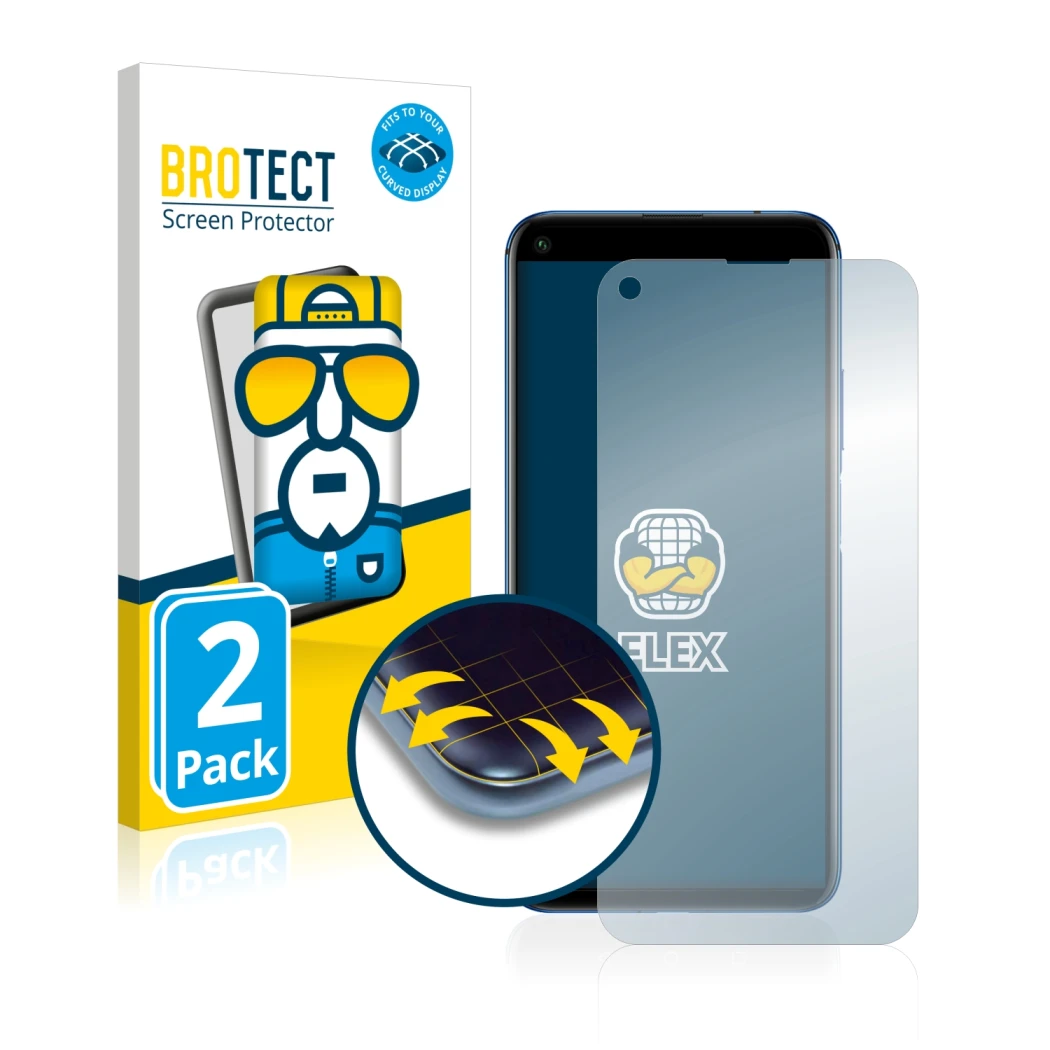 Front side of a product packaging with the brand logo BROTECT. Next to it is the device Huawei Nova 5T shown with the correspo