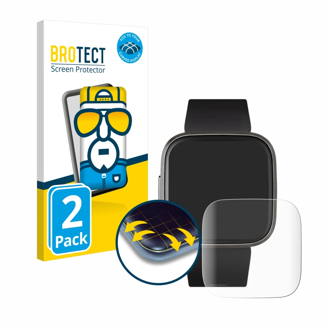 Front side of a product packaging with the brand logo BROTECT. Next to it is the device Fitbit Versa 2 shown with the correspo