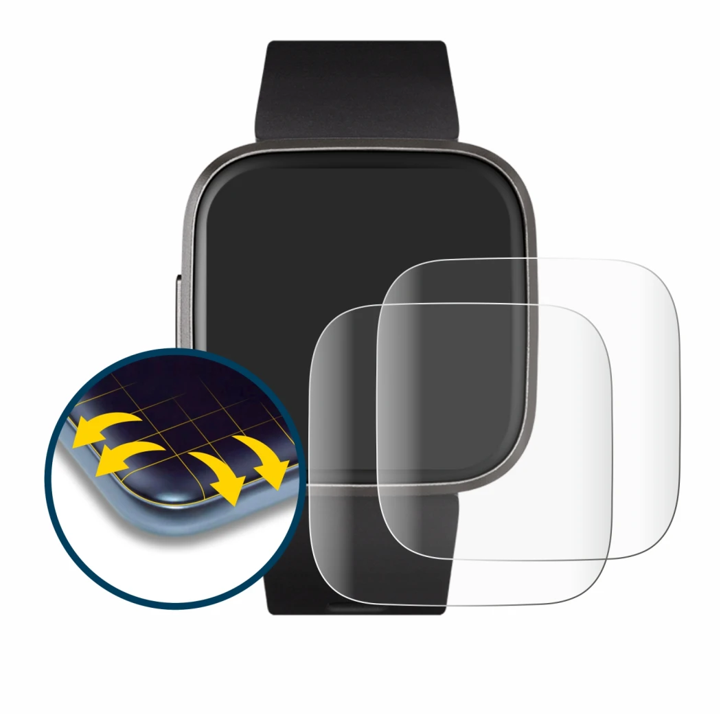 Image of the device Fitbit Versa 2 with a wide variety of screen protectors.