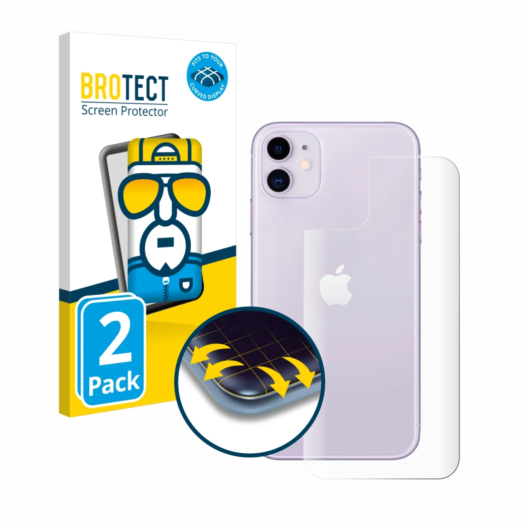 Front side of a product packaging with the brand logo BROTECT. Next to it is the device Apple iPhone 11 (Back) shown with the