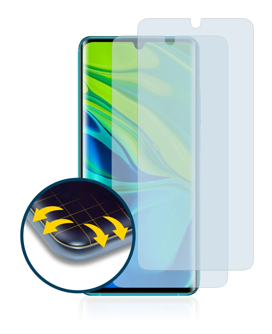Image of the device Xiaomi Mi Note 10 with a wide variety of screen protectors.