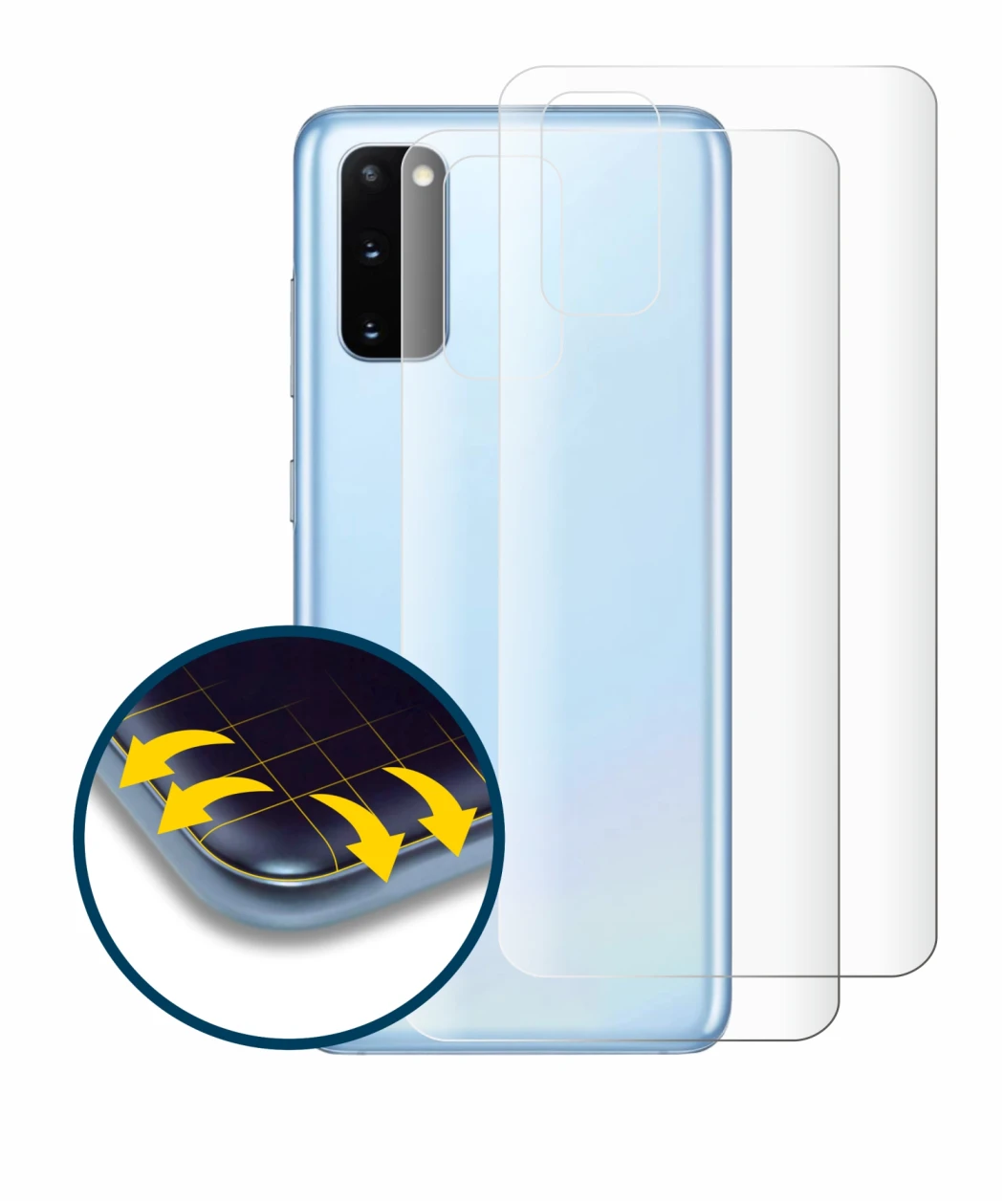 Image of the device Samsung Galaxy S20 (Back) with a wide variety of screen protectors.